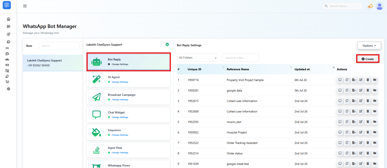 Chatbot Manager Keyword Replies list with the Keyword Replies module and Create button highlighted