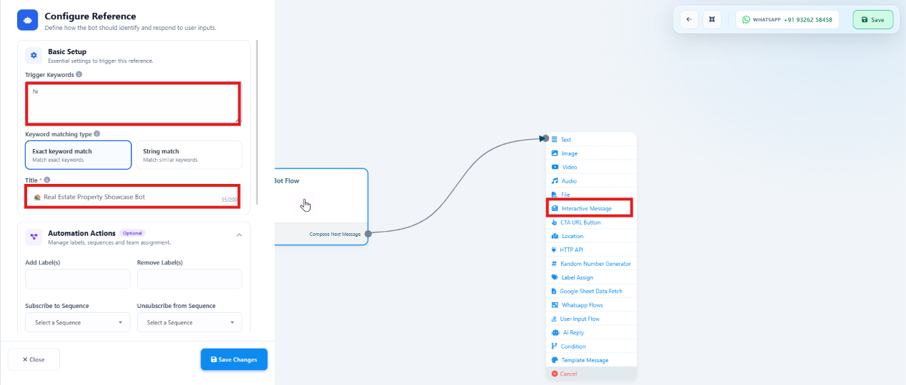 Configure Reference panel with the Trigger Keyword hi and Title Real Estate Property Showcase Bot fields highlighted, and the flow canvas showing the Interactive Message option highlighted