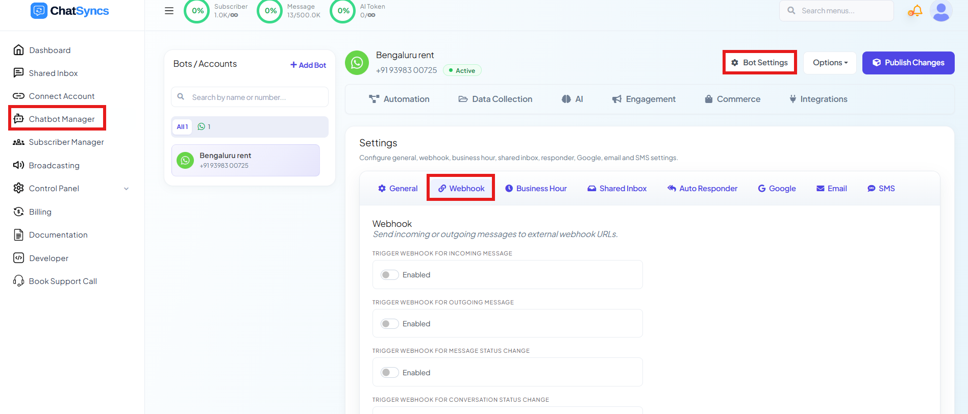Bot Settings with the Webhook tab selected, showing the Webhook section intro: Send incoming or outgoing messages to external webhook URLs, with the first three trigger toggles visible