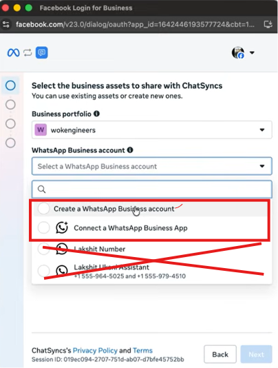 WhatsApp Business account dropdown with Create a WhatsApp Business account and Connect a WhatsApp Business App options highlighted, and existing numbers Lakshit Number and Lakshit Ukani Assistant crossed out