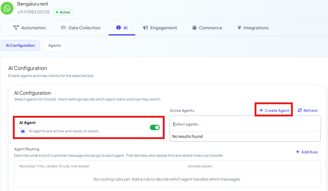 Chatbot Manager tab bar with AI selected, the AI Configuration sub-tab active, the AI Agent toggle enabled with Create Agent and Refresh buttons, and an Agent Routing table with an Add Rule button