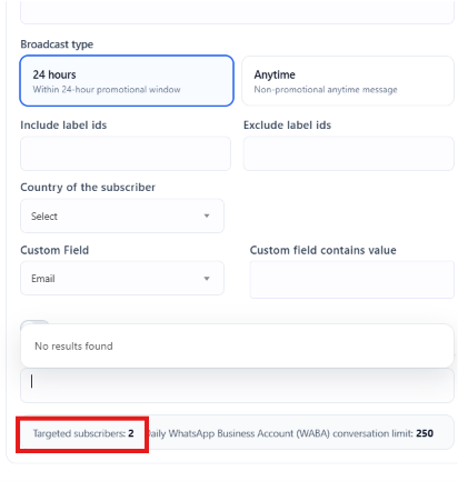 Broadcast settings panel showing Targeted subscribers count and Daily WhatsApp Business Account conversation limit