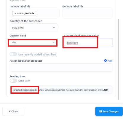 Configure Action Button panel showing Custom Field, Custom field contains value, Assign label after broadcast, and a Sending time section with a Send later toggle, above Targeted subscribers and Daily WhatsApp Business Account conversation limit