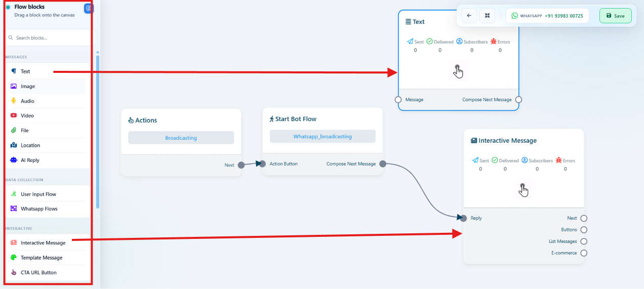 Flow blocks panel and a broadcast canvas with Text and Interactive Message blocks chained after the Broadcasting action