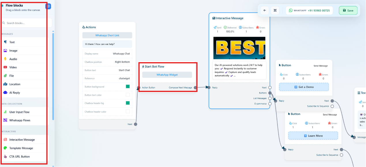 Chat Widget conversation canvas with a User Input Flow block
