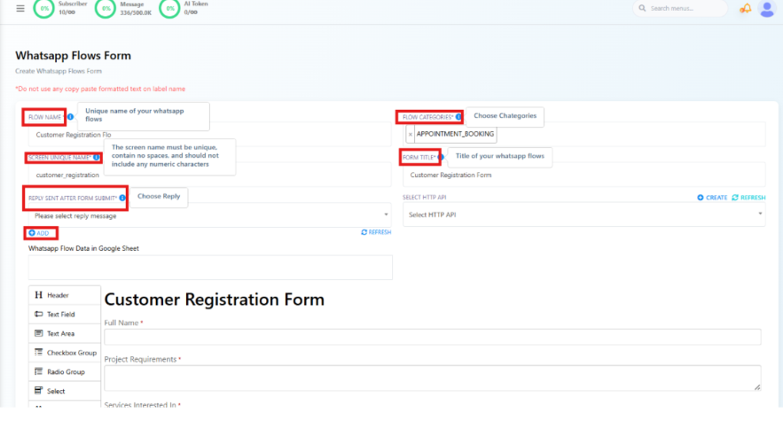 WhatsApp Flows Form with Flow Name, Screen Unique Name, Reply Sent After Form Submit, Flow Categories, and Form Title fields highlighted, plus Select HTTP API and a Google Sheets field, next to a live Customer Registration Form preview