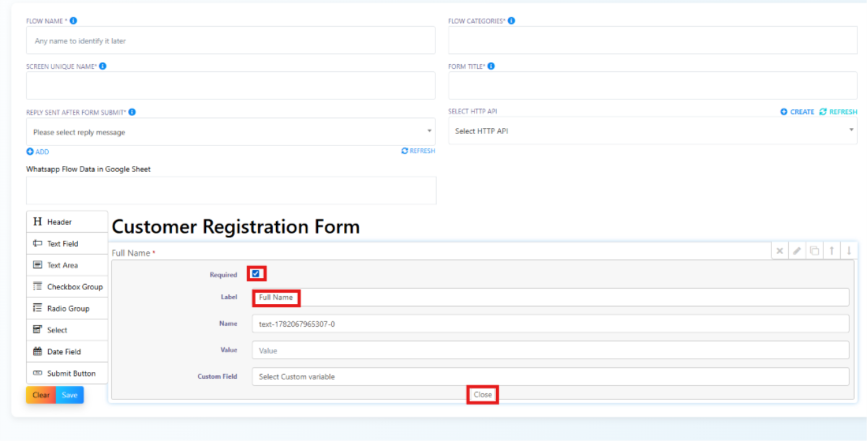 Text Field configuration panel with Required, Label, Name, Value, and Custom Field options