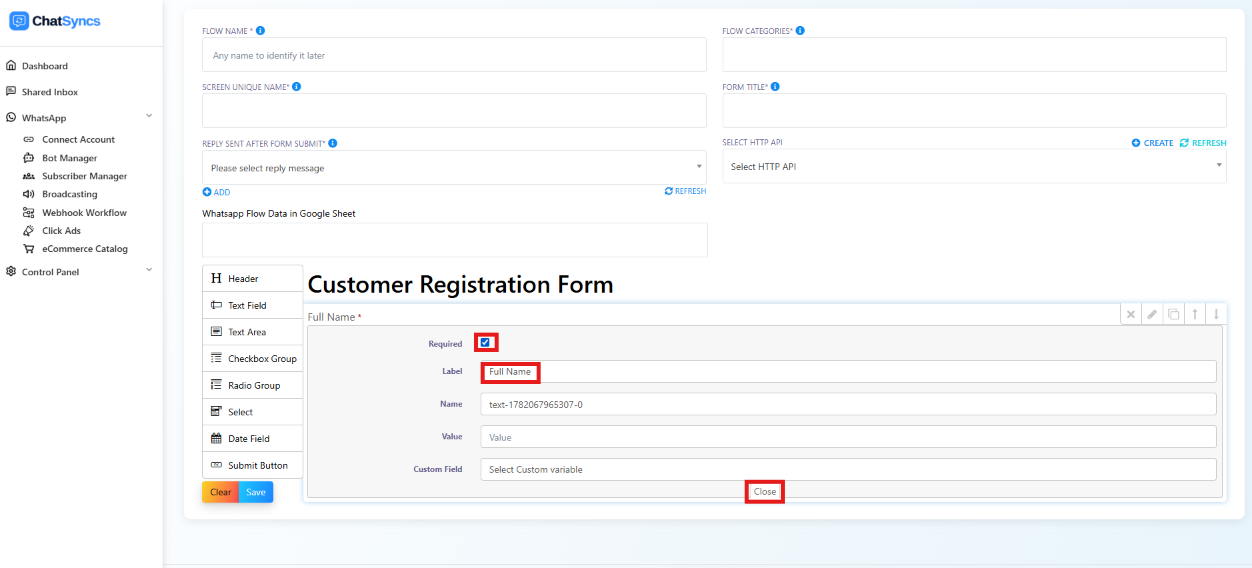 Text Field configured with Required checked and Label set to Full Name, shown in the form preview