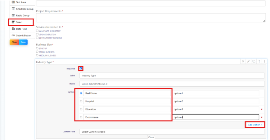 Select field configuration panel showing Industry Type with four options