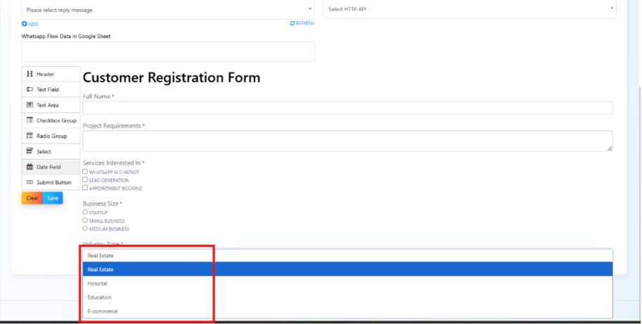 Industry Type dropdown open in the form preview with Real Estate selected