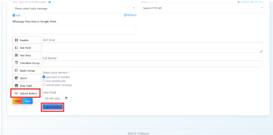 Submit Button component selected in the palette, rendered at the bottom of the form preview below the Date Field