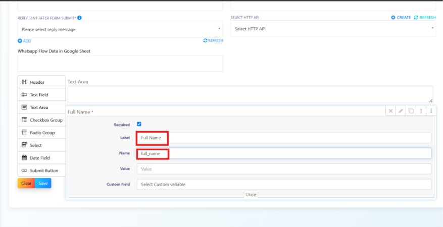 Text Field settings panel with Label set to Full Name and Name set to full_name