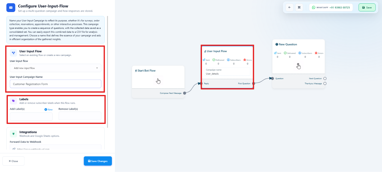Configure User-Input-Flow panel with User Input Campaign Name and Labels fields, next to the canvas flow showing User Input Flow connected to New Question