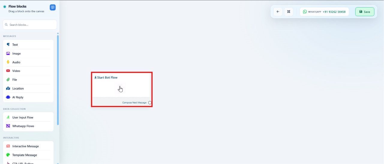 Keyword Replies canvas showing the Start Bot Flow block and the flow blocks sidebar