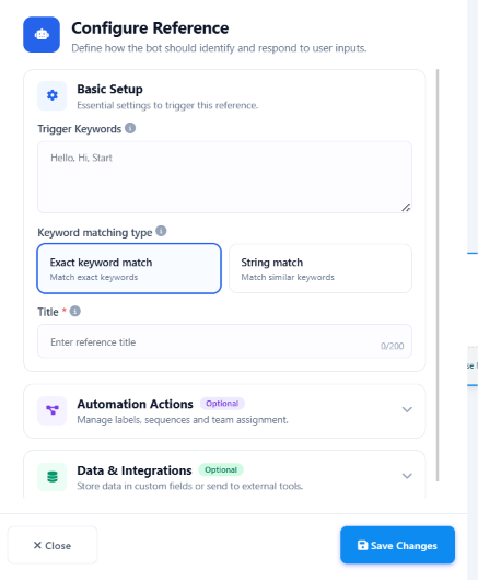 Configure Reference panel with Trigger Keywords, Keyword matching type, and Title fields