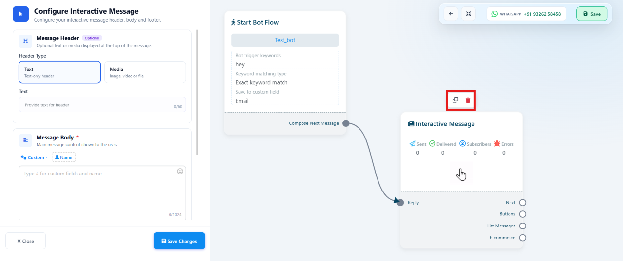 A flow block with clone and delete icons visible on hover