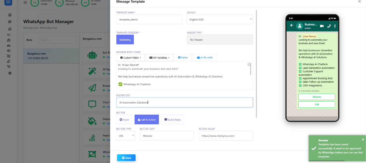 WP Template builder showing Template Name, Locale, Template Category, Header Type, Message Body toolbar with WP Variables, Footer Text, and Call To Action / Quick Reply button configuration