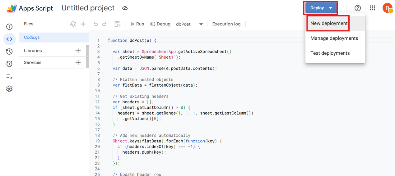 Apps Script Code.gs editor with a doPost script and the Deploy button highlighted