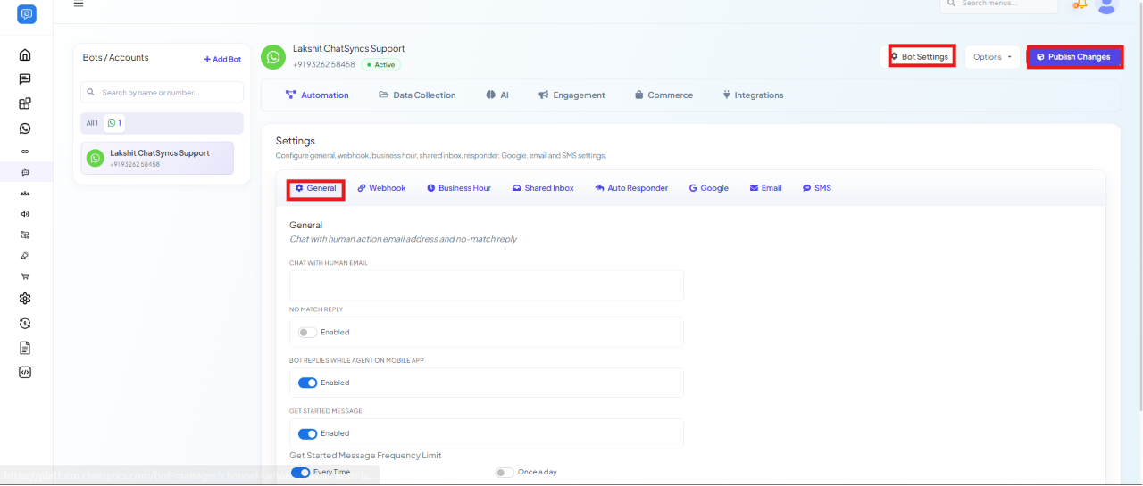 Settings page with the General tab highlighted, showing Chat With Human Email, No Match Reply, Bot Replies While Agent On Mobile App, and Get Started Message fields, and the Publish Changes button highlighted