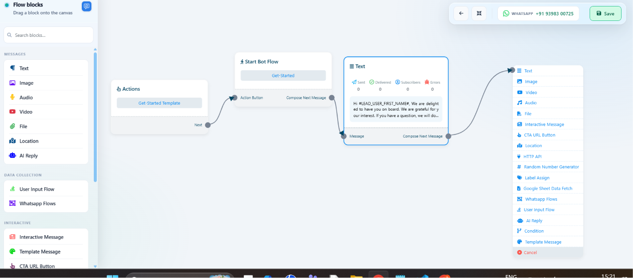 Get-started flow showing Start Bot Flow connected to a personalized welcome text message