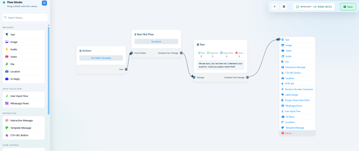 No Match flow showing Start Bot Flow connected to a fallback text reply