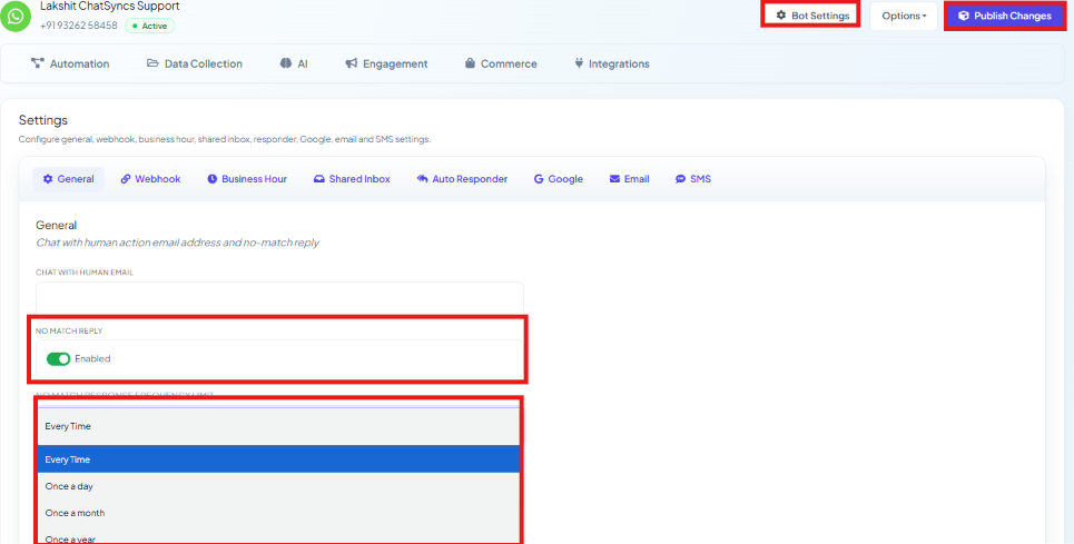 Bot Settings General tab with No Match Reply enabled and the No Match Response Frequency Limit dropdown open, showing Every Time, Once a Day, Once a Month, and Once a Year