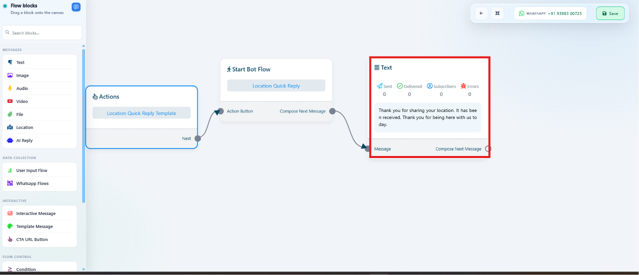 Location Reply flow showing Start Bot Flow connected to a thank-you text reply
