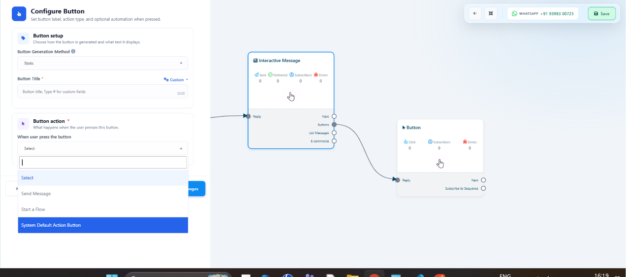 Configure Button panel with System Default Action Button selected