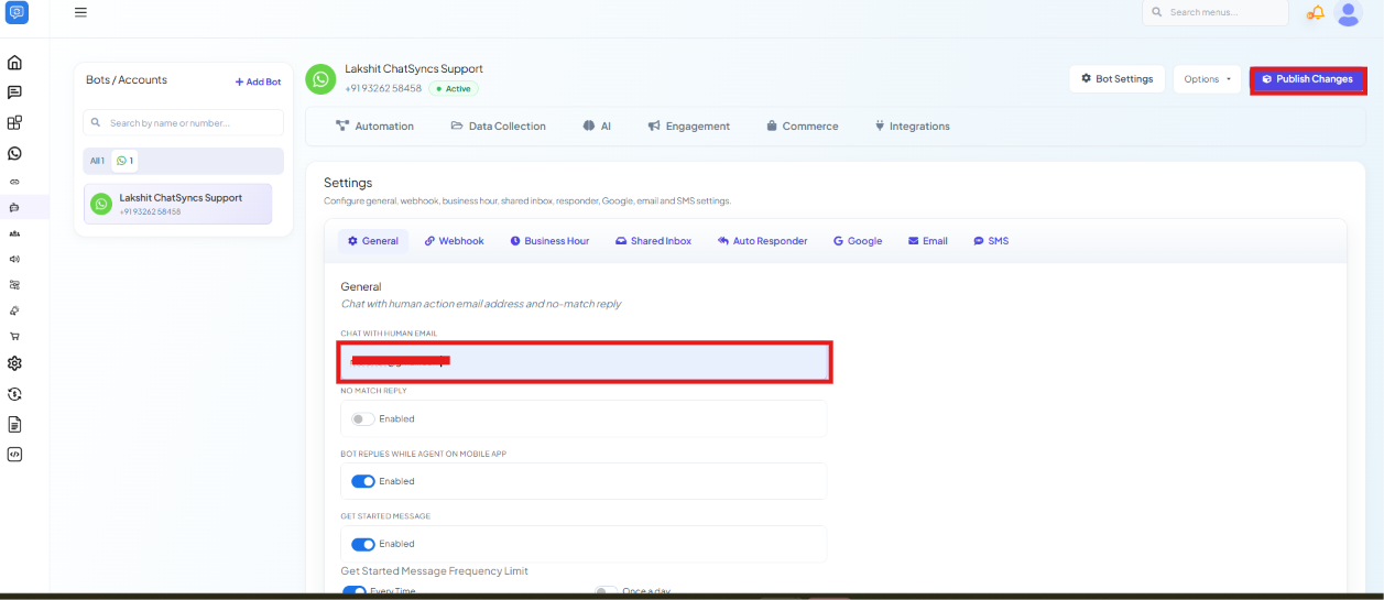 Settings General tab with the Chat with Human Email field and the Publish Changes button highlighted