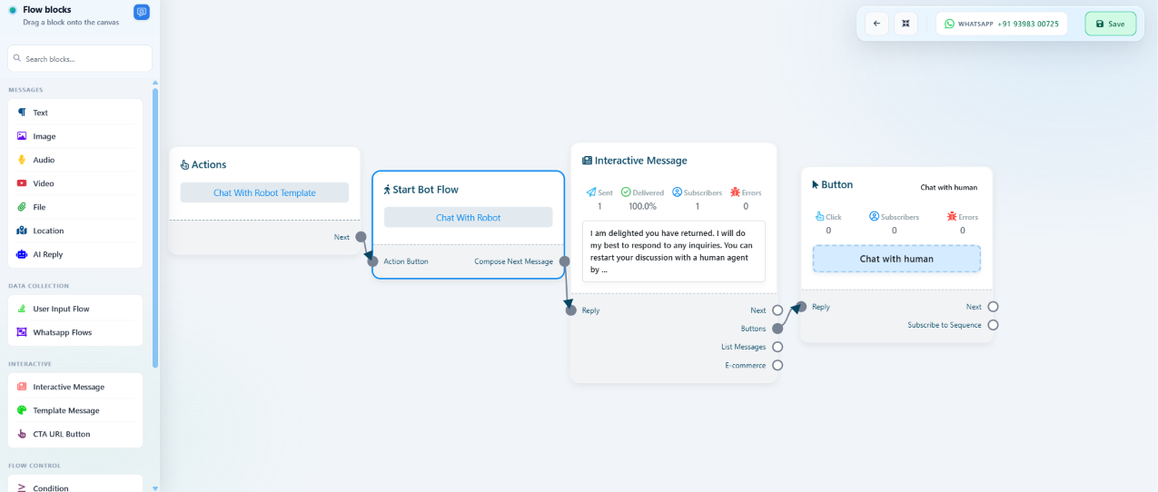 Chat with Bot flow ending in a Chat with Human button