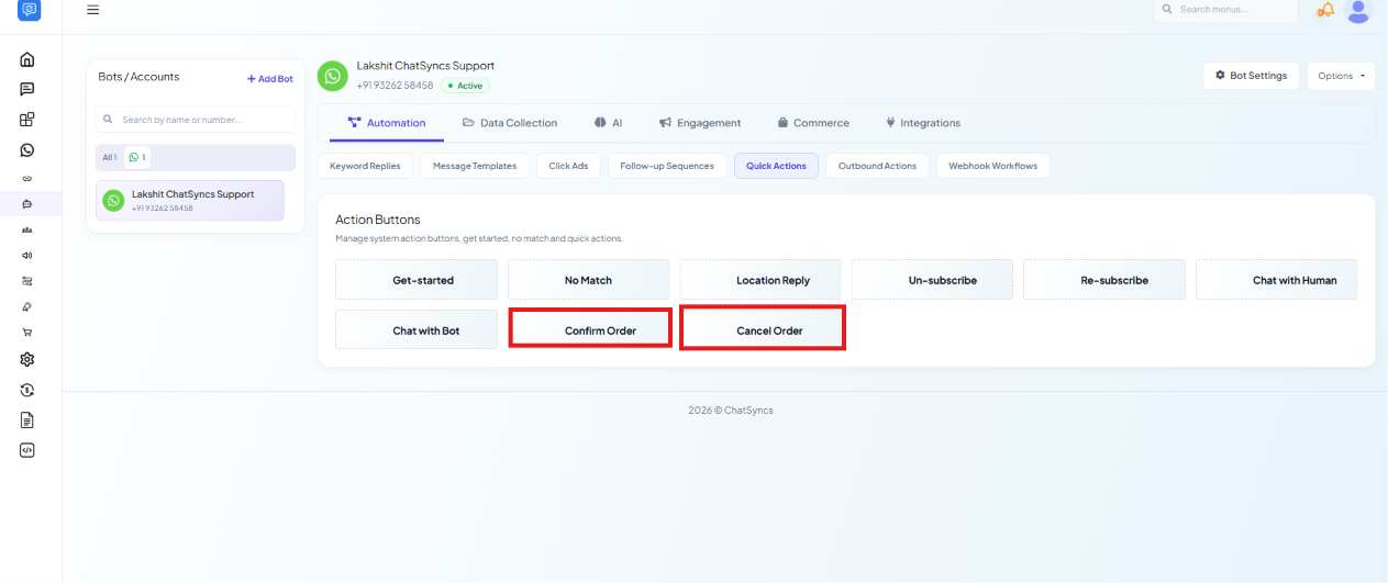 Quick Actions grid with Confirm Order and Cancel Order highlighted