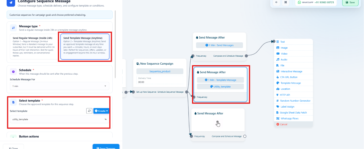 Configure Sequence Message panel set to Template Message, with a Select Template dropdown and button actions