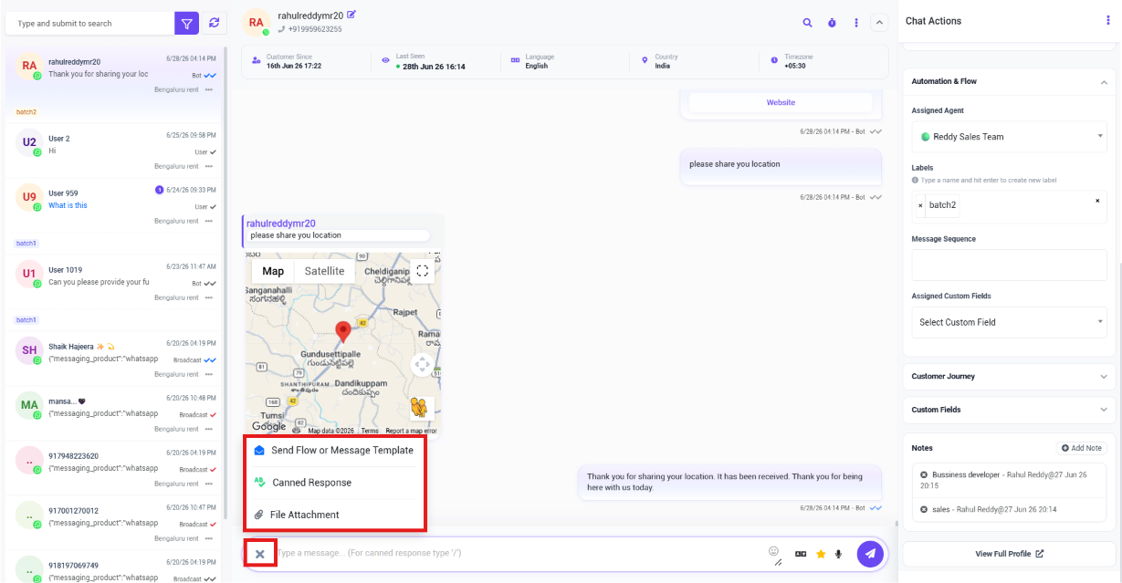 Message composer extra options menu showing Send Flow or Message Template, Canned Response, and File Attachment