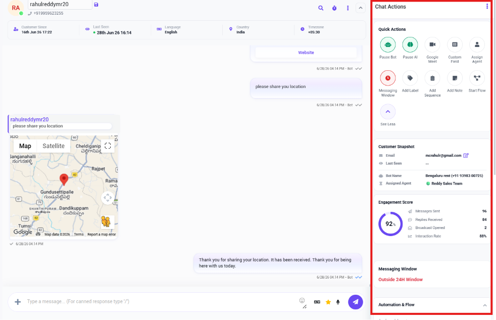 Quick Actions grid with Pause Bot, Pause AI, Google Meet, Custom Field, Assign Agent, Messaging Window, Add Label, Add Note, and Start Flow