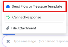 Composer + menu with Send Flow or Message Template highlighted, above Canned Response and File Attachment