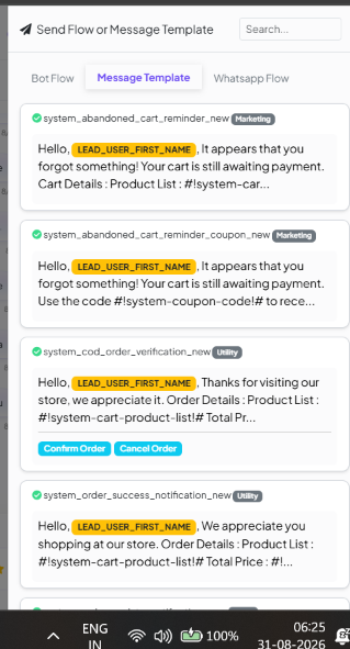 Send Flow or Message Template panel, Message Template tab open, listing approved templates with previews and Marketing or Utility tags