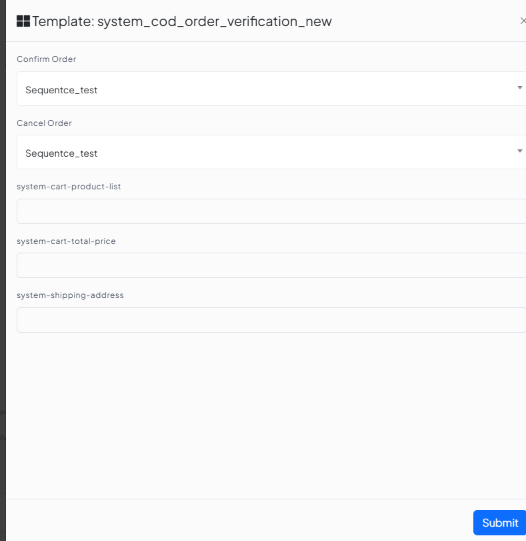 Template fill-in form for system_cod_order_verification_new, with Confirm Order and Cancel Order mapped to bot flows, variable fields for system-cart-product-list, system-cart-total-price, and system-shipping-address, and a Submit button
