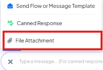 Composer + menu with File Attachment highlighted, above Send Flow or Message Template and Canned Response