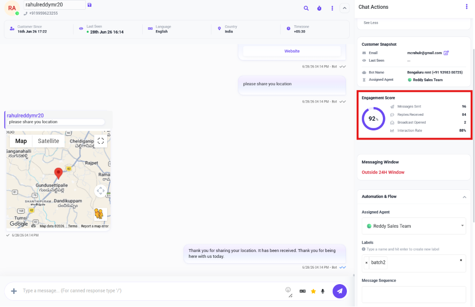 Engagement Score showing 92%, with Messages Sent, Replies Received, Broadcast Opened, and Interaction Rate