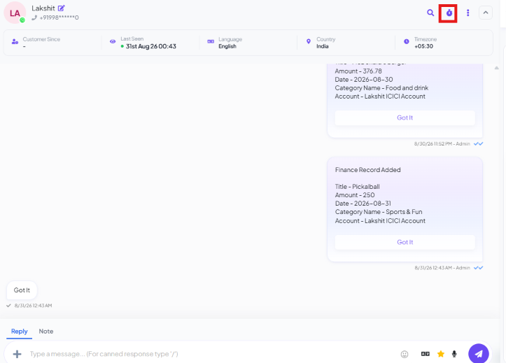 Conversation header with the follow-up reminder icon highlighted, next to search and the overflow menu