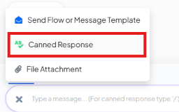 Composer + menu open with Send Flow or Message Template, Canned Response, and File Attachment options, Canned Response highlighted