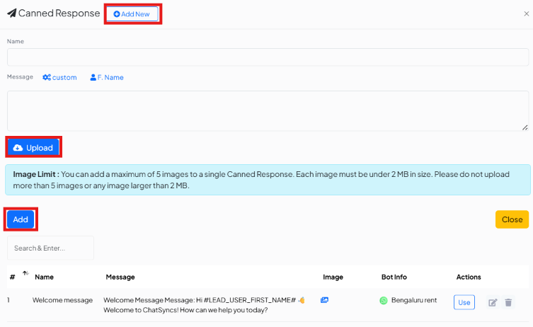 Canned Response panel with Add New clicked, an empty Name and Message form, Upload, and the Add button highlighted