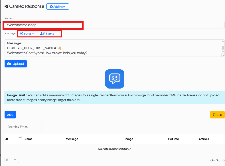 Canned Response form filled in with Name 'Welcome message' and Message 'Hi #LEAD_USER_FIRST_NAME# Welcome to ChatSyncs! How can we help you today?'