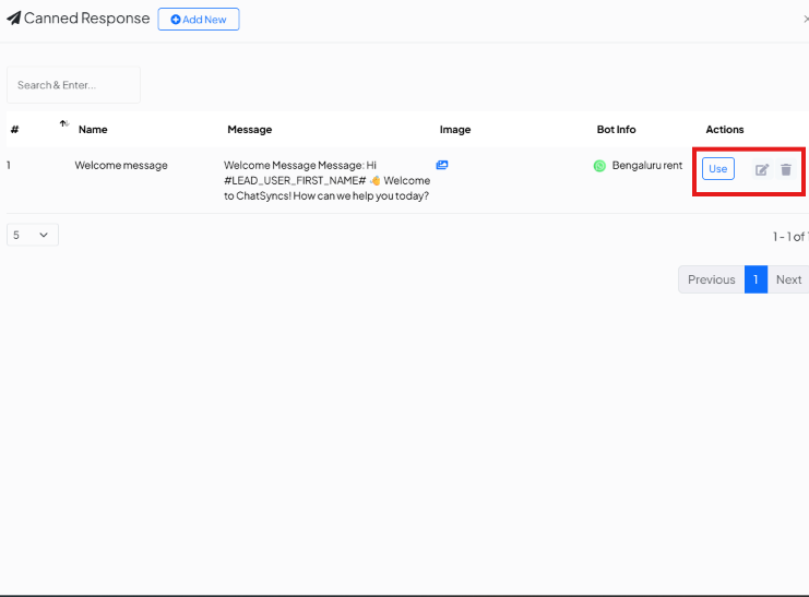Canned Response list showing the saved Welcome message with Use, Edit, and Delete actions