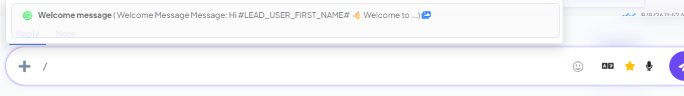 Composer with / typed, showing the Welcome message canned response as a selectable suggestion