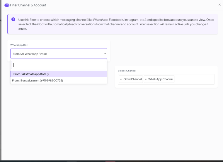 Filter Channel & Account panel with a WhatsApp Bot dropdown showing All WhatsApp Bots and a specific Bengaluru rent bot option, and Select Channel set to both Omni Channel and WhatsApp Channel