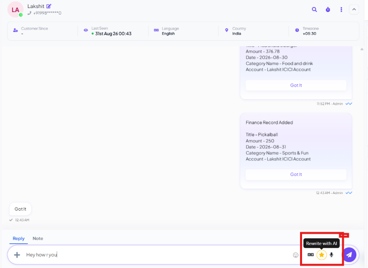 Composer with a draft reply typed in and the star icon's Rewrite with AI tooltip showing