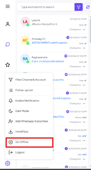Shared Inbox settings menu with Go Offline highlighted, below Install App and above Logout