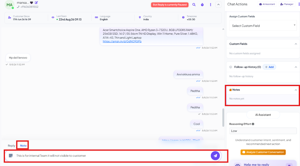 Composer with the Note tab selected next to Reply, showing the placeholder 'This is for internal Team it will not visible to customer', and the Chat Actions panel's separate Notes section showing No notes yet