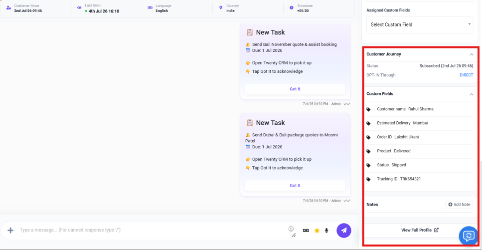 Chat Actions panel with Customer Journey showing Status Subscribed and OPT-IN Through Direct, Custom Fields showing Customer name Rahul Sharma, Estimated Delivery Mumbai, Order ID, Product Delivered, Status Shipped, and Tracking ID, plus Notes and View Full Profile